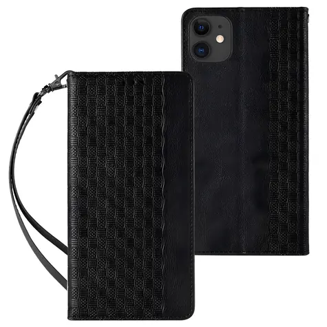 Hurtel Magnetické pouzdro s peněženkou pro Apple iPhone 12 černá / Pouzdro / Magnetické zavírání / S poutkem na krk