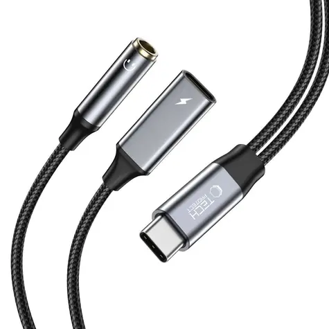 Tech-Protect UltraBoost černá / Adaptér / USB-C - 3,5mm jack + USB-C / PD 60W 6A