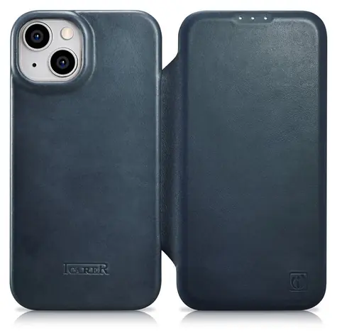 iCarer CE Oil Wax Premium modrá / Pouzdro / Kožené flip / MagSafe / Apple iPhone 14 Plus