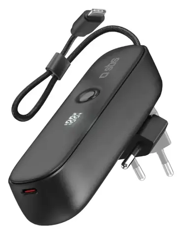 SBS Hybrid černá / Powerbanka / 5000 mAh / 20 W PD / integrovaný kabel / skládací zástrčka