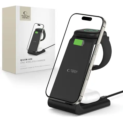 Tech-Protect QI15W-A36 černá / Bezdrátová nabíjecí stanice / 3v1 / 15W / pro Apple