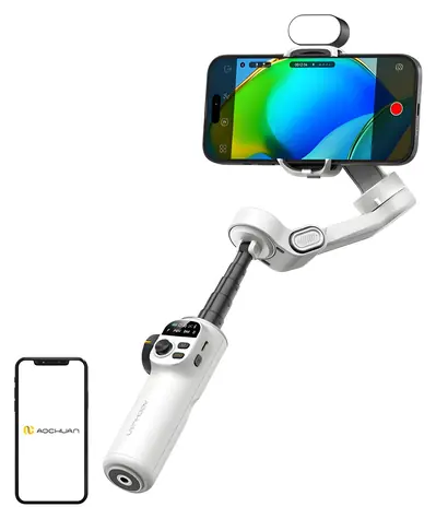 AOCHUAN X2 bílá / Stabilizátor / 3osý / Výsuvné rameno 200 mm / 4 režimy natáčení / RGB osvětlení