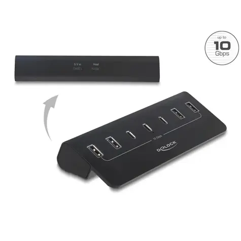 DeLock USB hub 7portový černá / USB hub / 3× USB-C + 4× USB-A / 10 Gbps / kovové tělo