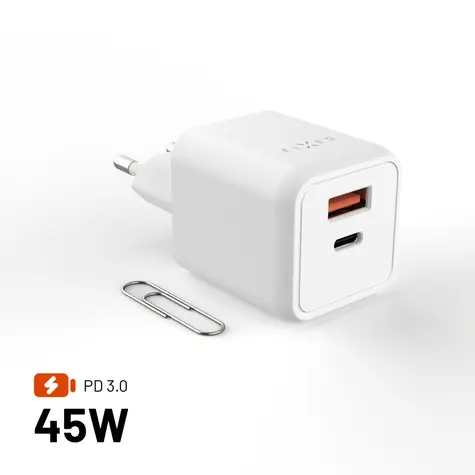 FIXED Mini bílá / Síťová GaN nabíječka / USB-C + USB-A / PD 45W