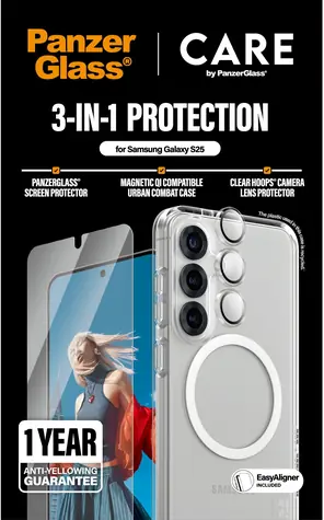 PanzerGlass CARE / Ochranné příslušenství 3v1 / Samsung Galaxy S25 / tvrzené sklo / plně nalepovací / průhledné