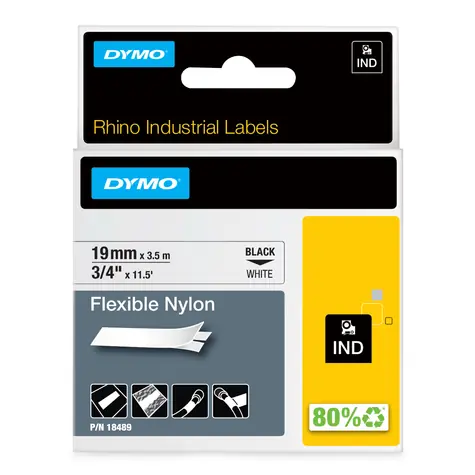 Dymo originální páska do tiskárny štítků 19mm x 3,5m / černý tisk / bílý podklad / RHINO nylonová flexibilní