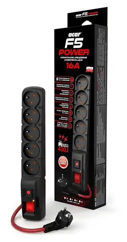 Acar F5 černá / Prodlužovací přívod / přepěťová ochrana / 5 zásuvek / 1,5 m / 16 A