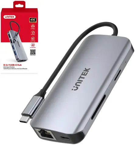 Unitek USB-C hub šedá / Hub USB / 8v1 / 2x HDMI 4K / RJ-45 / čtečka SD karet / PD 100W / 5 Gbps