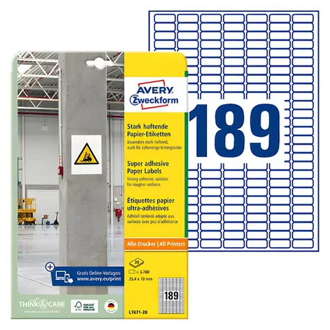 Avery Zweckform Etikety L7871-20 bílé, extra lepivé / Etikety / 25,4x10 mm / A4 / 189 ks / Laser/Inkjet