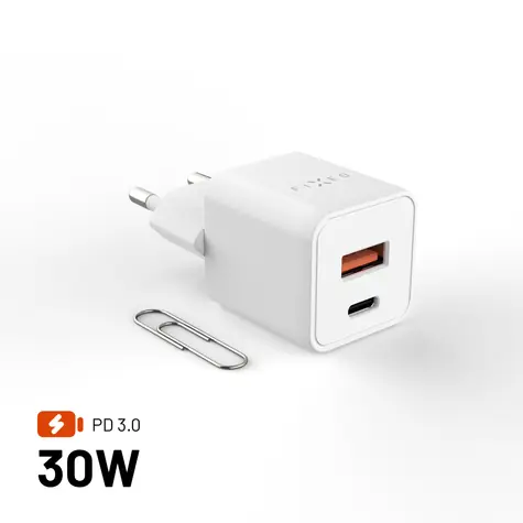 FIXED Mini bílá / Síťová nabíječka / GaN / USB-C + USB-A / 30W / PD3.0