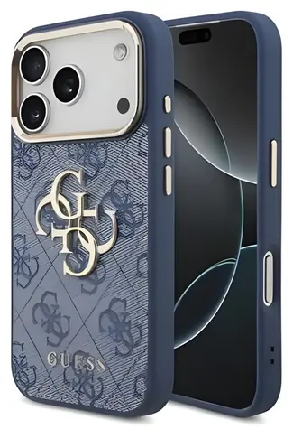 Guess PU Leather 4G Metal Logo Gold Frame modrá / Zadní kryt / iPhone 18 Pro