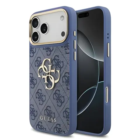 Guess PU Leather 4G Metal Logo Gold Frame modrá / Zadní kryt / iPhone 18 Pro Max
