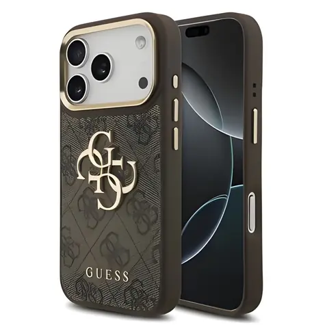 Guess PU Leather 4G Metal Logo Gold Frame hnědá / Zadní kryt / iPhone 18 Pro