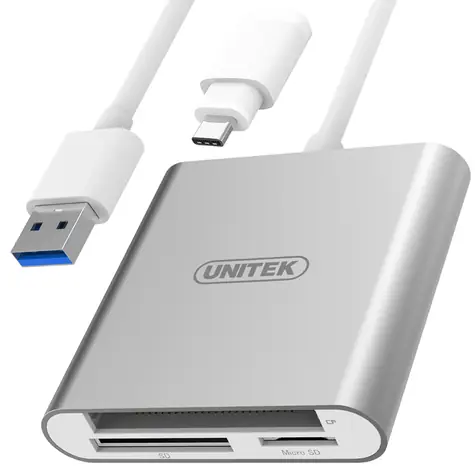 Unitek Y-9313D stříbrná / Čtečka paměťových karet / USB 3.0 / CF, SDXC, microSD / adaptér USB-C