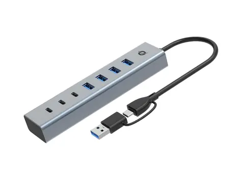 Conceptronic USB hub 7 portů šedá / USB hub / 4x USB-A 3.0 + 3x USB-C / 5 Gbit/s / hliníkové tělo