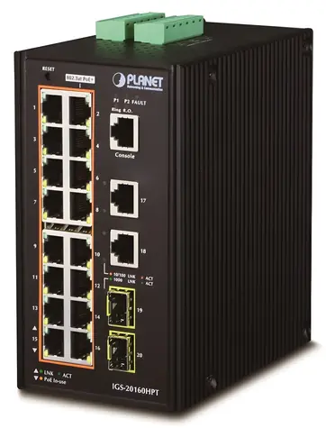 Planet IGS-20160HPT / Switch průmyslový / L3 / 18x 1Gb / 16x PoE 802.3at 320W / 2x 2,5Gb SFP / -40 až 75°C / IP30