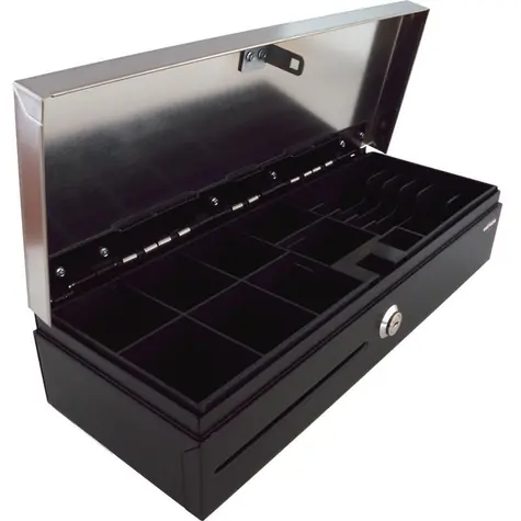 VIRTUOS FT-460C2 černá / Pokladní zásuvka flip-top / s kabelem / zamykatelný kryt pořadače / nerez víko / 9-24V