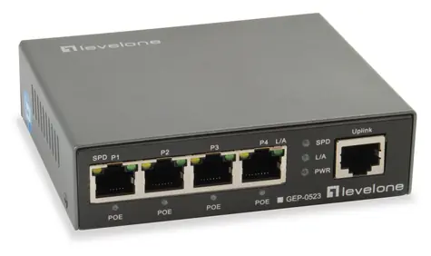 LevelOne GEP-0523 / Switch / Unmanaged / 5x GbE / 4x PoE+ porty / 60W PoE / kovové tělo