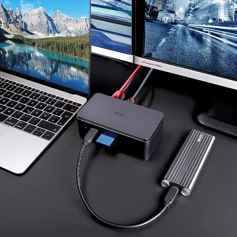 Lindy DST-Pro USB4 / Dokovací stanice / USB4 / HDMI 2.1 / DisplayPort 1.4 / USB-C PD 100W / LAN / čtečka karet