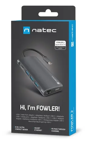 Natec Fowler 2 V2 / Multiportový adaptér / 4K HDMI / 3x USB 3.0 / USB-C PD 100W / RJ-45 1Gb/s / čtečka karet