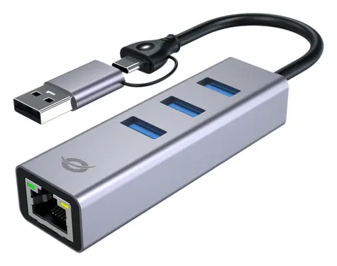 Conceptronic multiportový adaptér USB-C a USB-A šedá / USB-LAN adaptér / Gigabit Ethernet / 3x USB-A 3.0 / 5 Gbit/s