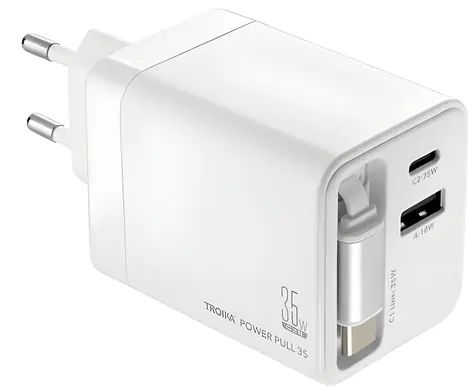Troika POWER PULL 35 bílá / Nabíječka / GaN / USB-C + USB-A / 35W PD / výsuvný kabel USB-C