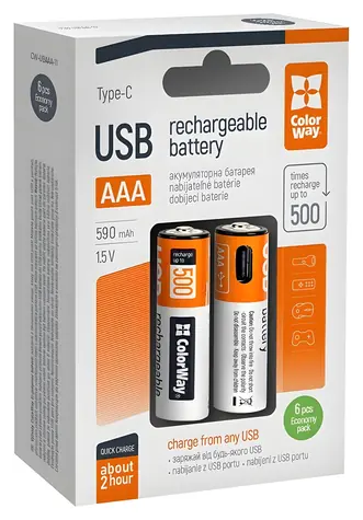 Colorway nabíjecí baterie AAA 590 mAh / Nabíjecí baterie / 1,5 V / USB-C / 6 ks