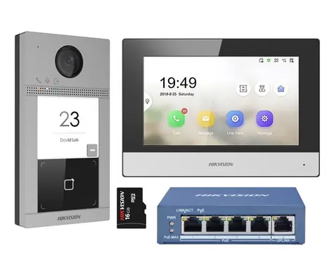 Hikvision DS-KIS604-S(C) / Sada IP videotelefonu / bytový monitor / dveřní stanice / switch / microSD