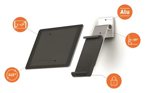 Durable WALL PRO stříbrná / Držák tabletu / nástěnný / sklopný / otočný 360° / 7-13