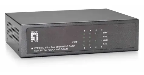 LevelOne PoE+ switch 8x FE / Switch / 4x PoE+ + 4x FE / 65 W / kovové tělo / Rack 19”