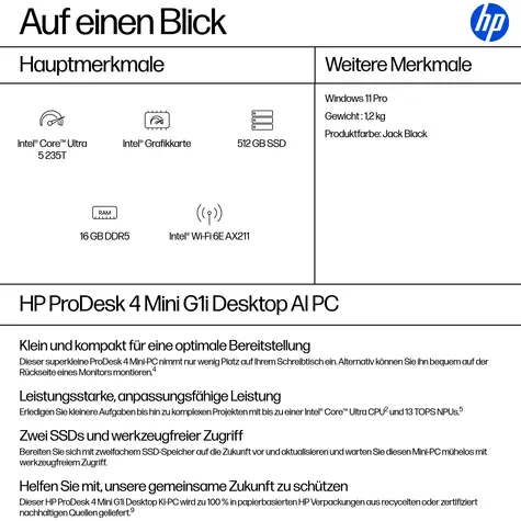 HP ProDesk 4 Mini G1i AI černá (B6YZ8ET#ABD) / Mini počítač / Intel Core Ultra 5 235T / 16GB / 512GB SSD