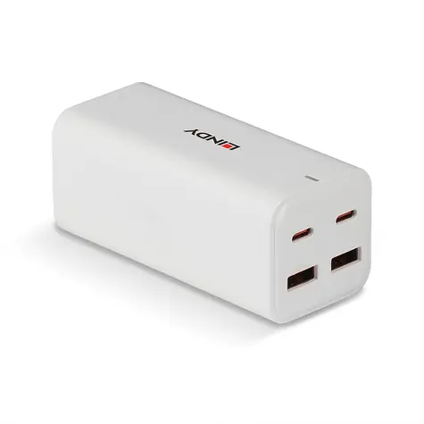 Lindy GaN nabíječka 100W bílá / Síťová nabíječka / 2x USB-C / 2x USB-A / PD 3.0 / GaN
