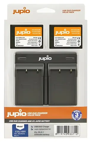 Jupio Set 2x baterie BLX-1 a nabíječka pro OM System / Sada baterie a nabíječky / 2280 mAh / USB dual nabíječka