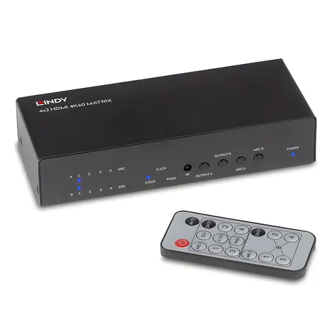 Lindy 4x2 HDMI Matrix Switch černá / HDMI 2.0 / 18 Gbit/s / 4 vstupy / 2 výstupy / 4K60Hz / HDCP 2.2