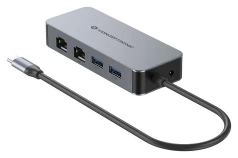 Conceptronic USB-C multiport adaptér šedá / USB-C hub / 2x Gigabit LAN / 2x USB-A 3.2 / 5 Gbit/s