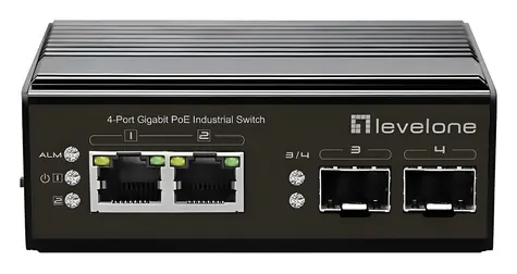 LevelOne Industriální PoE+ switch 2x GE PoE/2x SFP 180W / Switch / Průmyslový / Neřízený / DIN lišta
