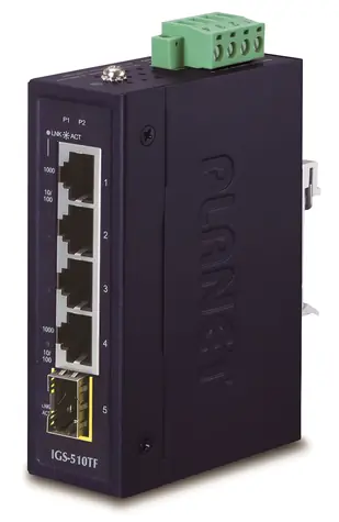Planet IGS-510TF / Switch průmyslový / 4x 1000Base-T RJ-45 / 1x SFP / -40 až 75°C / 9-48VDC / dual power