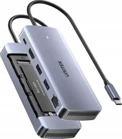 Unitek USB-C hub s M.2 SSD šedá / Hub USB / HDMI / RJ-45 / M.2 SSD slot / PD 100W / 10 Gbps