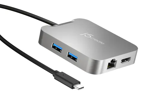 J5Create 4K60 Elite USB-C PD adaptér stříbrná / Adaptér / HDMI 60Hz / RJ-45 / 2x USB 3.2 Gen2 / USB-C