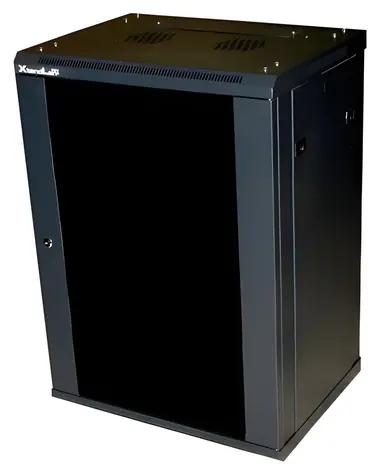 XtendLan Rozvaděč nástěnný 18U 600x450 černý / Rozvaděč / rozložený / skleněné dveře / nosnost 60 kg