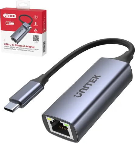 Unitek U1323A šedá / Síťová karta / USB-C / RJ-45 / 1000 Mbit/s
