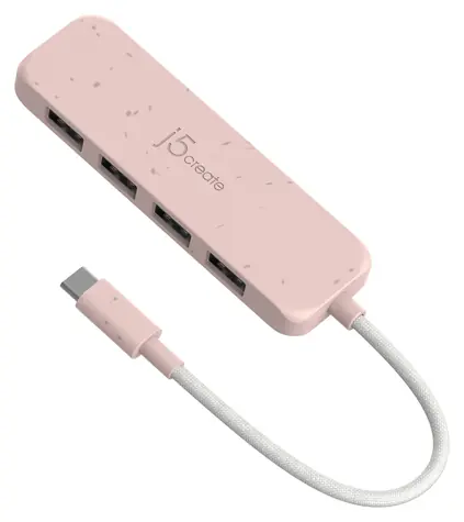 J5Create Eco-Friendly USB-C Hub růžová / USB-C hub / 4x USB-A / USB 3.2 Gen 2 / recyklovaný plast