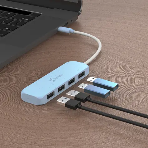 J5Create Eco-Friendly USB-C Hub azurová / USB-C hub / 4x USB-A / USB 3.2 Gen 2 / recyklovaný plast