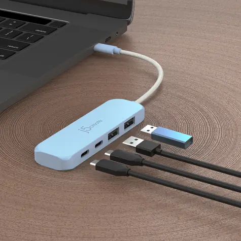 J5Create Eco-Friendly USB-C Hub 4v1 azurová / USB hub / 4 porty / USB 3.2 Gen 1 / recyklovaný plast