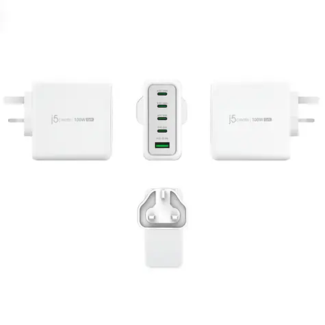 J5Create 100W GaN USB-C bílá / Síťová nabíječka / 5 portů / Power Delivery