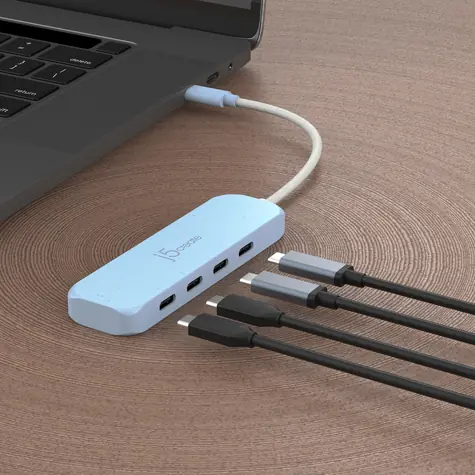 J5Create USB-C Hub 4v1 azurová / USB hub / USB 3.2 Gen 1 / 4 porty / recyklovaný plast
