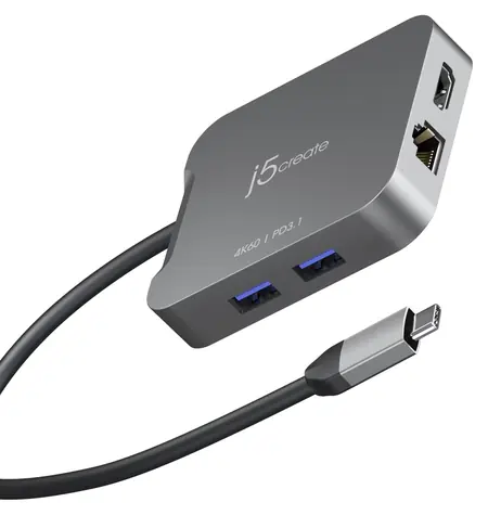 J5Create 4K60 Elite šedá / Adaptér / USB-C / HDMI 4K / 2x USB-A / RJ-45