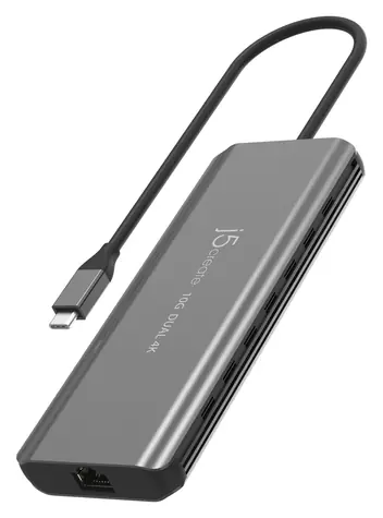 J5Create USB-C Dual 4K Mini Dock šedá / Dokovací stanice / 2x HDMI 144Hz / 2x USB-A / RJ-45 / hliník