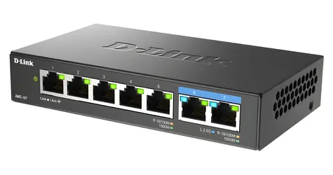 D-Link DMS-107 / Switch / 5x 10/100/1000 + 2x 2,5GBase-T / neřízený / stolní i nástěnná montáž