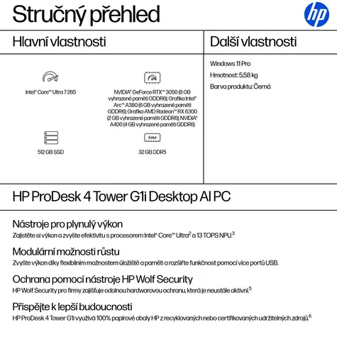 HP ProDesk 4 Tower G1i černá / Pracovní počítač / Intel Core Ultra 7 265 / 32 GB DDR5 / 512 GB SSD / W11P
